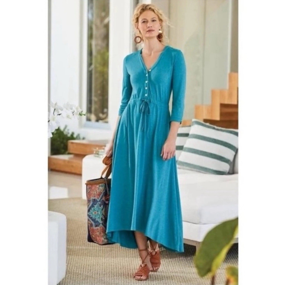 Soft Surroundings ELYSIA Dress High-Low Maxi Teal Blue Buttons V-Neck MEDIUM